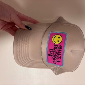Have a Blessed Day Smiley Patch Trucker Hat - Beige